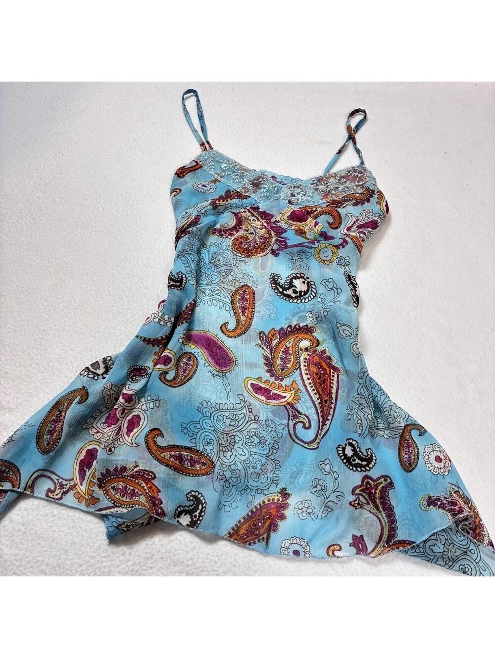 Fairycore beaded blue paisley beaded flowy babydoll tank top / cami small/medium